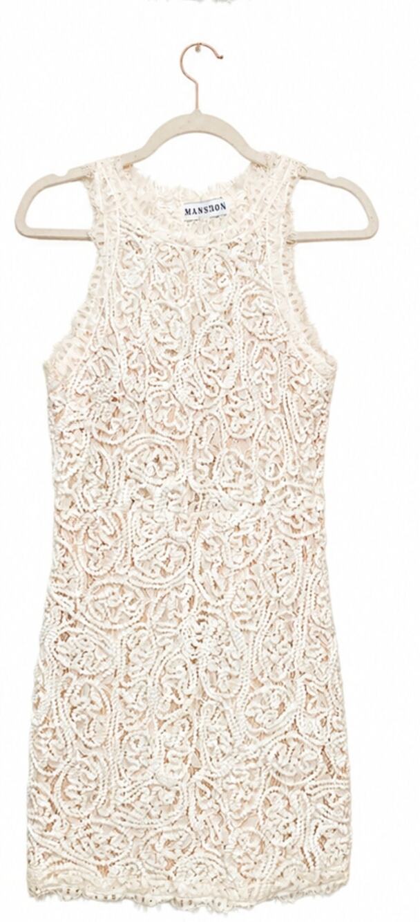 ​Mansion Cream Ivory Rope Lace Sleeveless Mini Dress Medium High Neck Semi Lined
